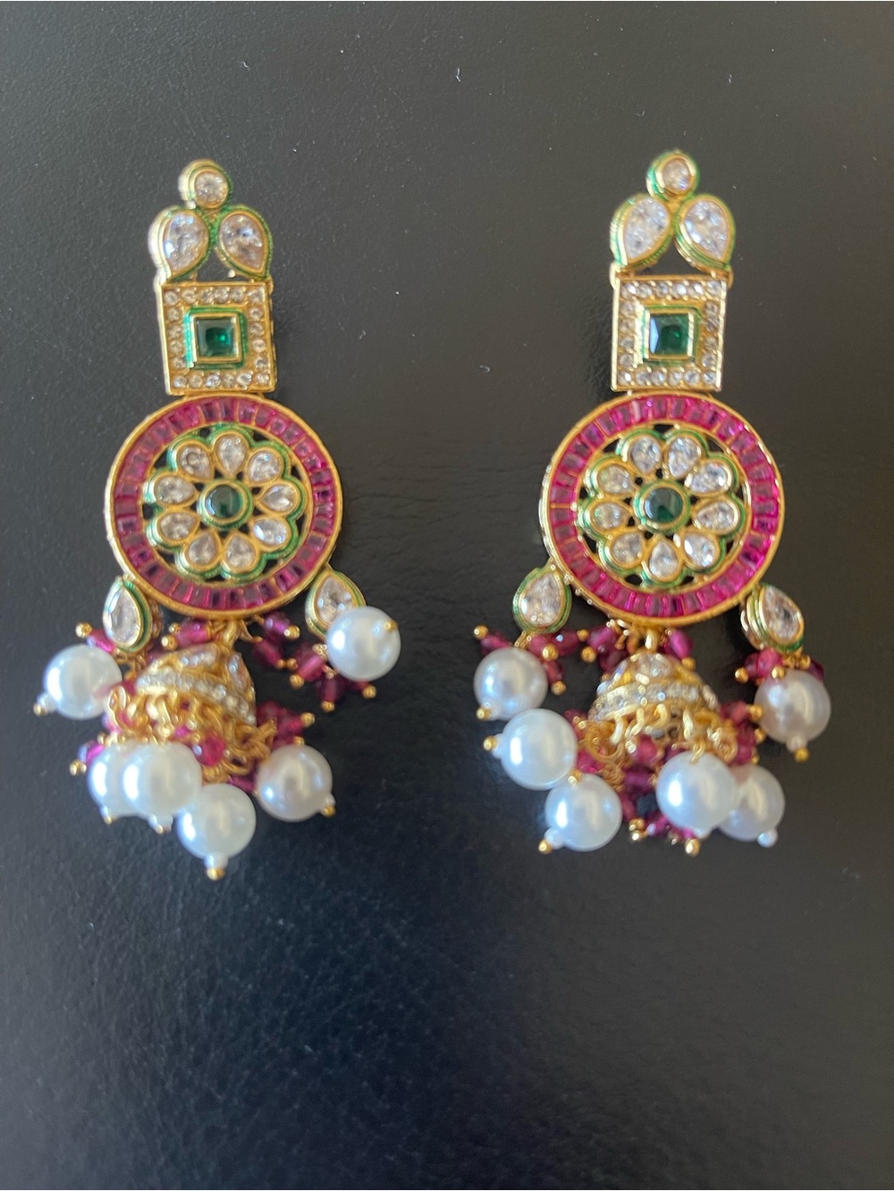Gold-Tone Floral Kundan Drop Earrings with Pearls - Multicolor